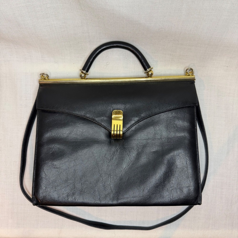 Vintage Black Leather Frame Handbag Gold Hardware Top Handle Shoulder Bag - Picture 1 of 12